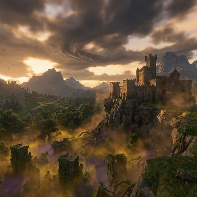 Enshrouded fantasy landscape with castle above the Shroud