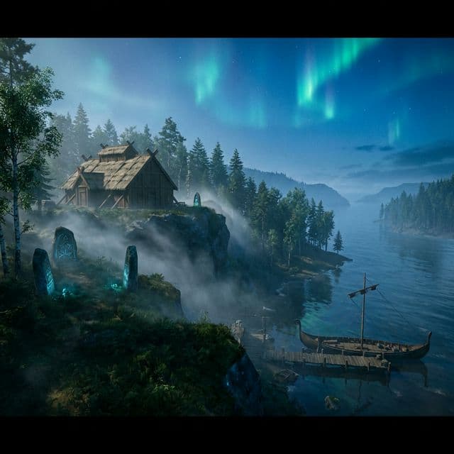 Valheim Viking settlement with aurora borealis