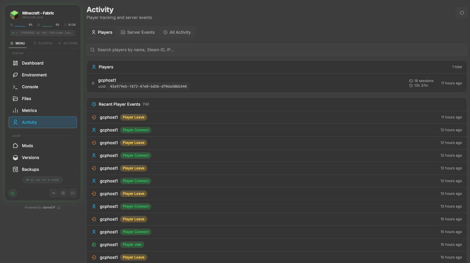 Player tracking and server activity