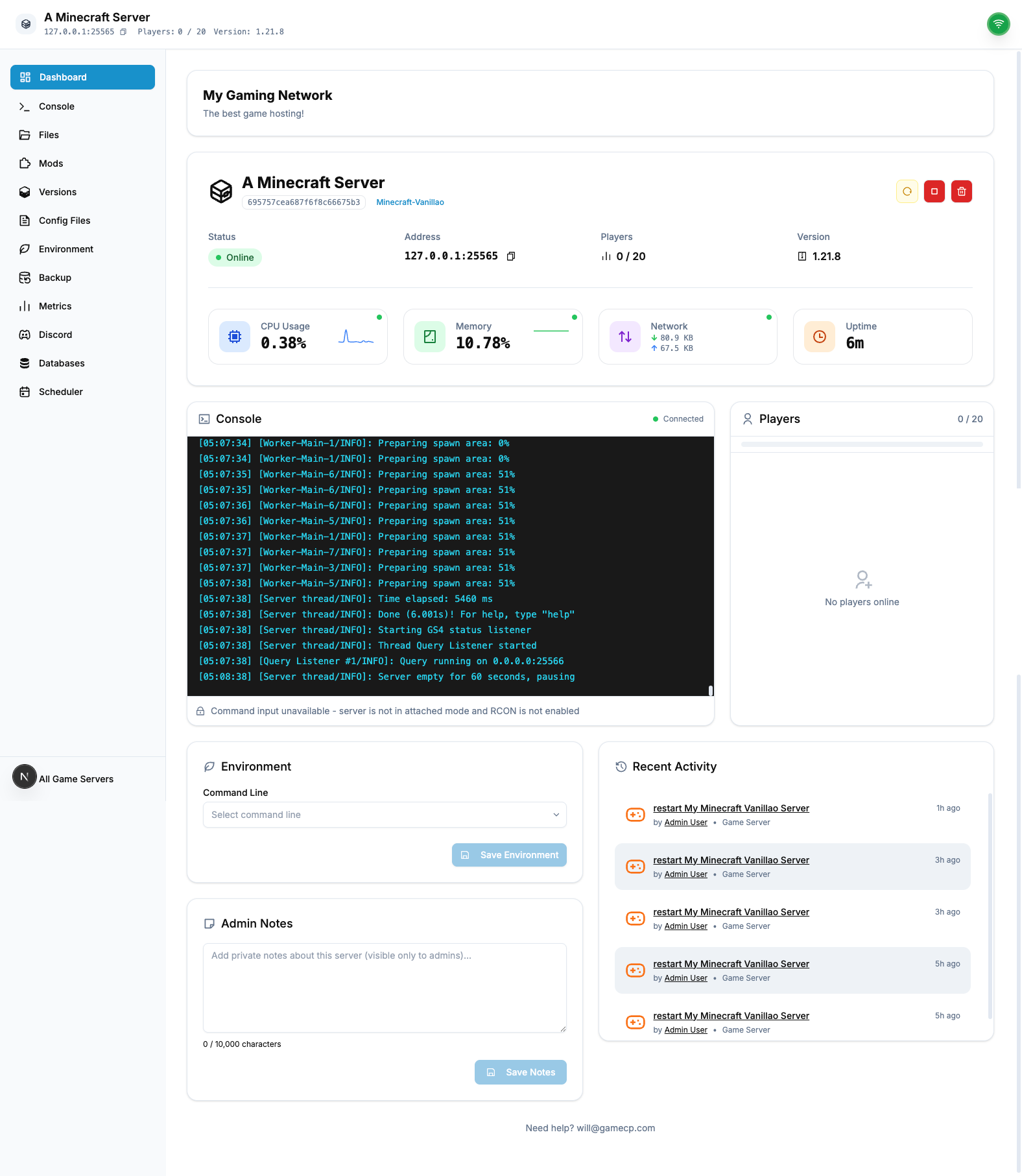 GameCP Dashboard Interface