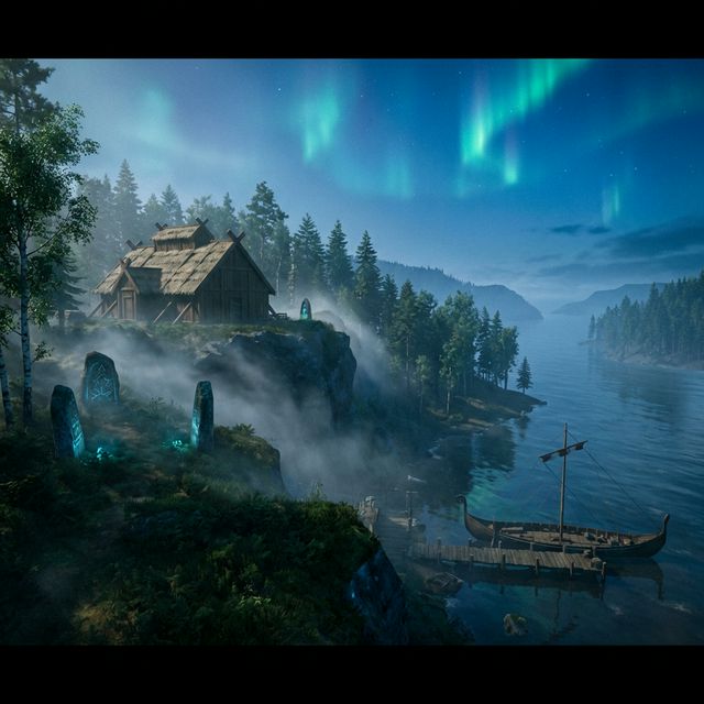 Valheim Viking settlement with aurora borealis